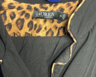 Lauren Ralph Lauren Women's 3X Black Top with Leopard Print Trim A Lauren Ralph Lauren women's black top in size 3X, with a leopard print collar lining and contrast edging. A stylish plus-size designer top. The fabric looks clean in the photo.