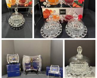 Mikasa Domed Dishes and Curved Serving Trays with Boxes A composite photo of Mikasa clear glass domed dishes with scalloped bases and curved Mikasa serving trays on stands, shown with their Mikasa boxes. A coordinated serveware lot for brunch and entertaining.