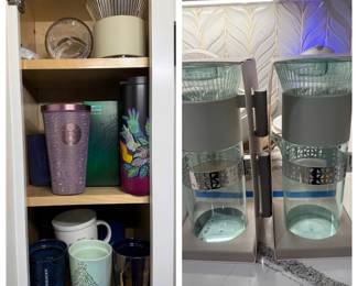 Starbucks Tumbler Collection and Glass Pitchers A cabinet of Starbucks tumblers and cups, including a purple studded tumbler, a boxed limited edition tumbler, mermaid-design cups and travel mugs, plus two glass pitchers with gray sleeves and decorative metal bands. A strong lot for Starbucks cup collectors.