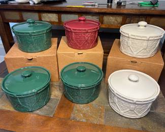 Basket-Weave Ceramic Covered Casserole Crocks with Boxes Six glazed ceramic covered casserole crocks with a basket-weave design, in green, red and white, shown with three boxes. These lidded baking crocks are handy for side dishes, dips and holiday entertaining. The glazes look bright in the photo. Longaberger