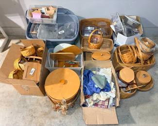 Longaberger Basket Bulk Lot with Wood Lids, Liners and Protectors Boxes and bins of Longaberger baskets, wooden basket lids, clear plastic protectors and fabric liners. A big bulk lot for Longaberger collectors or resellers filling out sets. Sold as a group, as found.