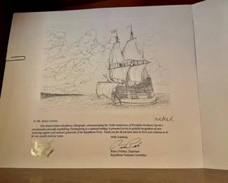 Limited edition of the Mayflower lithograph 150th anniversary of President Abraham Lincoln proclamation, establishing Thanksgiving as a national holiday