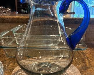Blue Rimmed Hand Blown Glass Pitcher