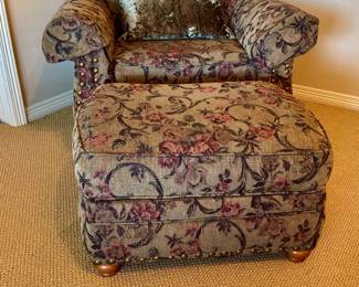 Overstuffed Floral Upholstered Armchair with Matching Ottoman