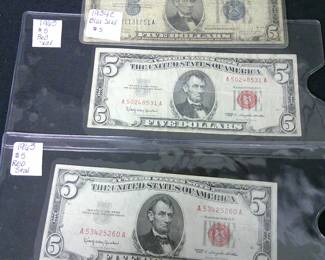 1934 C $5 Bill Blue Seal 1963 $5 Bill Red Seal