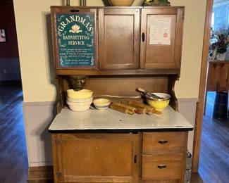 Hoosier cabinet, crock bowls 