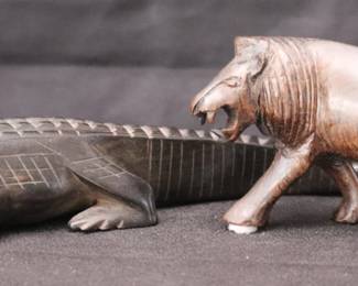 Vintage Hand-Carved Wooden Roaring Lion And Alligator/Crocodile Figurines