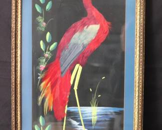 Vintage Vibrant Hand-Painted Mexican Folk Art Bird 0f Paradise Painting Embellished With Real Bird Feathers
