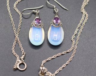 18" Sterling Silver Rope Necklace With Heart-Shaped Pendant And Moonstone Teardrop Earrings With Purple Stone