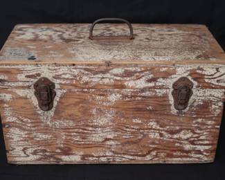 Vintage Wooden Tool Box/Storage Chest With Weathered Distressed Finish And Metal Accents