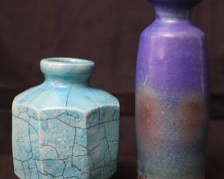 2 Small Handcrafted Studio Pottery Blue Glaze Vases Signed By Artists