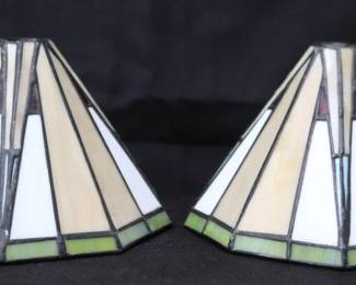 Pair Of Small Arts And Crafts/Mission Style Pyramid-Shaped Slag Glass Lamp Shades