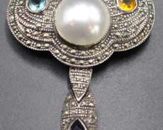 Vintage Sterling Silver Marcasite Pendant Brooch With Assorted Semiprecious Gemstones