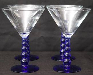 Set of 4 Vintage Libbey Metropolis Cobalt Blue Ball Stem Martini Glasses