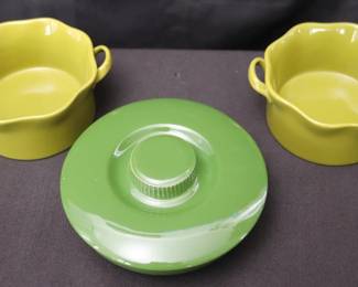 Small Vintage Mid Century Modern Forest Green Ceramic Covered Serving Dish And Pair Of Wavy Personal Size Casserole Dishes