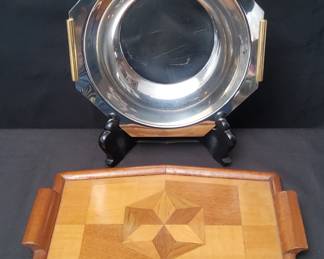 Vintage MCM Geometric Inlay Wood Serving Tray And Tray & Inoxbeck Stainless Steel Bowl With Brass