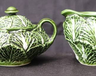 Vintage Cabbage Leaf Ceramic Creamer And Sugar Bowl