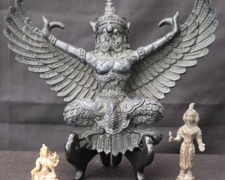 Vintage Thai Mythical Garuda Wall Hanging And 2 Metal Hindu Goddess Statuettes