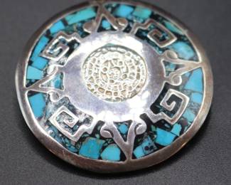 Vintage Mexican Sterling Silver And Turquoise Inlay Pendant/Brooch Featuring Aztec/Mayan Calendar
