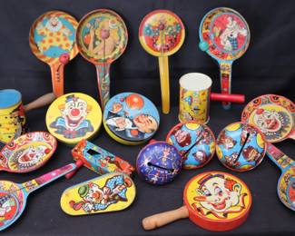 Collection Of Vintage Tin Clown And Circus-Themed Party Noisemakers And Rattles