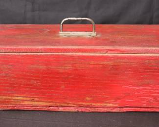 Vintage Red-Stain Wooden Tool Box With Brass Corner Accents