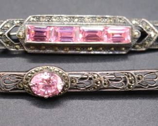 2 Vintage Art Deco Style Sterling Silver Pink Stone And Marcasite Bar Brooches