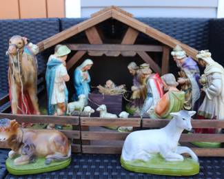 Large Vintage Hand-Painted Chalk Nativity Arrangement With Creche