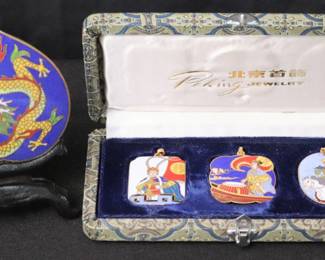 Vintage Cloisonne Pendants From Peking Jewelry And Multi-Colored Chinese Dragon Plaque With Stand