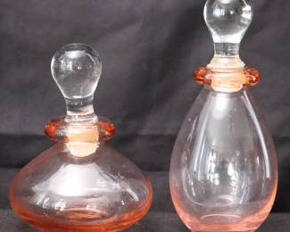2 Vintage Hand-Blown Pink Glass Vanity Bottles With Stoppers