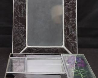 Leaded Stained Glass Hinged Jewelry/Trinket Box With Purple Flower Decoration And Purple Art Glass Photo Frame