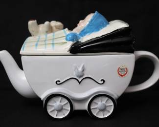 Vintage Price Kensington Potteries England Hand-Painted Figural Tea Pot Featuring A Baby In A Carriage