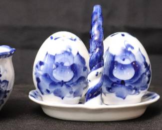 Russian Gzhel Hand-Painted Blue And White Porcelain Salt And Pepper Shakers, Small Jam Dish And Miniature Cow Figurine