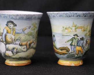 antique/vintage hand-painted Italian maiolica ceramic cups featuring pastoral and coastal scenes in the style of Castelli