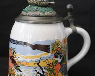 Vintage Gerzit (Gerz) West Germany Ceramic Beer Stein Featuring a Duck on Lid and Hunting-Theme Decoration