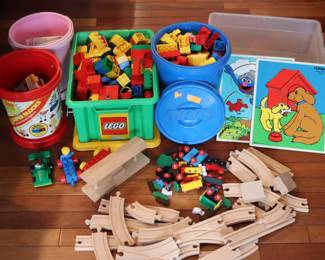 Large Collection Of Lego/Tyco Building Blocks And Brio Wooden Train Accessories