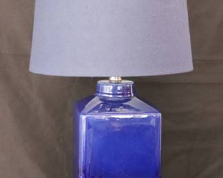 Cobalt Blue Glaze Squared Silhouette Ceramic Table Lamp With Navy Blue Linen Shade