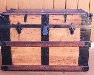 Large Antique Flat Top Wooden Steamer Travel Chest Trunk With Leather Handles