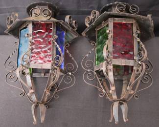 Vintage Spanish Revival Style Lanterns With Colored Glass Panels