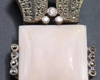 Large Vintage Art Deco-Style Pink Mother Of Pearl And Marcasite Sterling Silver Brooch