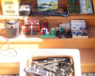 Assortment Of Vintage Model Railroad Train Accessories Including Building Kits, Miniature Figures, Track Sections