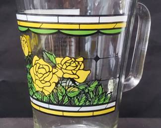 Vintage Whataburger Glass Pitcher Featuring Stained-Glass Style Design With Yellow Roses