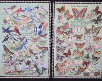 Unique Vintage Hand-Painted Birds & Butterflies Identification Chart On Board Wall Art Signed By The Artist