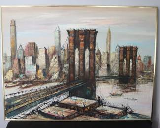 Large Brooklyn Bridge And The New York City Skyline Original Oil On Canvas Painting By Artist Duchamp