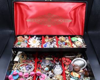 Multi-Tier Jewelry Box Filled With A Large Collection Of Mostly Vintage Costume Jewelry