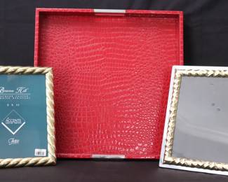 Red Faux Snake Finish Decorative Square Tray and 2 Large Vintage Twisted Rope Border Picture Frames