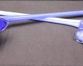 2 Large Long Stem Hand-Blown Blue Swirl Glass Flowers