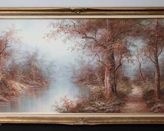 Large Vintage Autumn River Landscape Original Canvas Painting Signed By Artist I. Cafieri