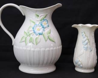 Belleek Irish Porcelain Floral Motif Pitcher And Small Vase With Blue Florals