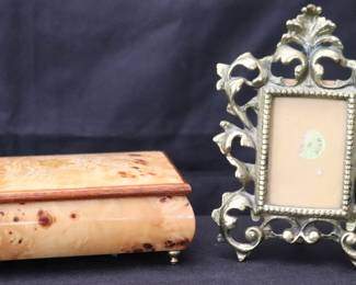 Vintage Italian Inlaid Wood Musical Jewelry Box And Victorian-Style Brass Picture Frame