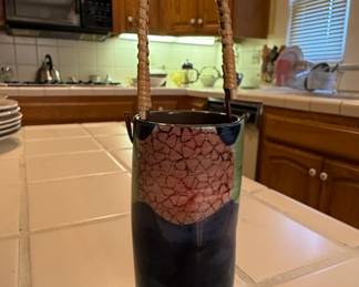 Vintage Japanese Ikebana Ceramic Cylinder Vase with Rattan Handle